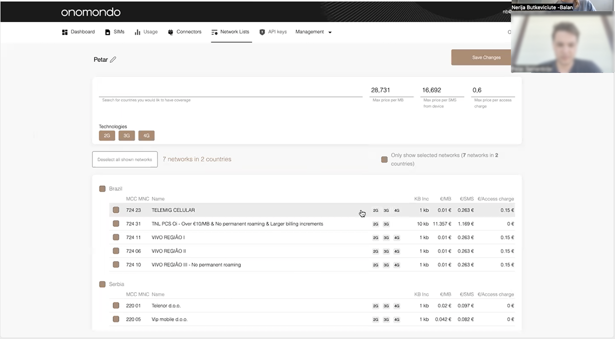 Early design tested with users network list showing Brazil and Serbia with pricing